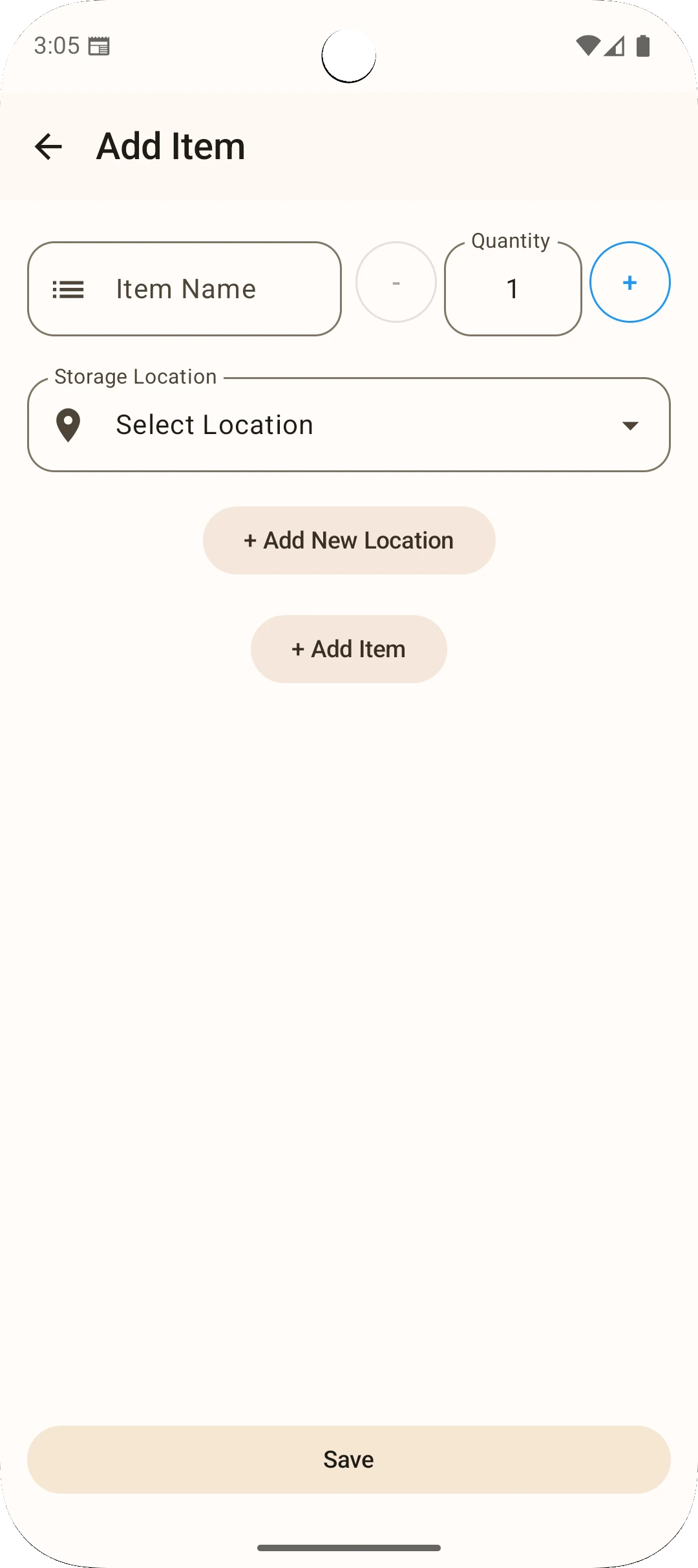 Sago app add item screen - enter item name and quantity