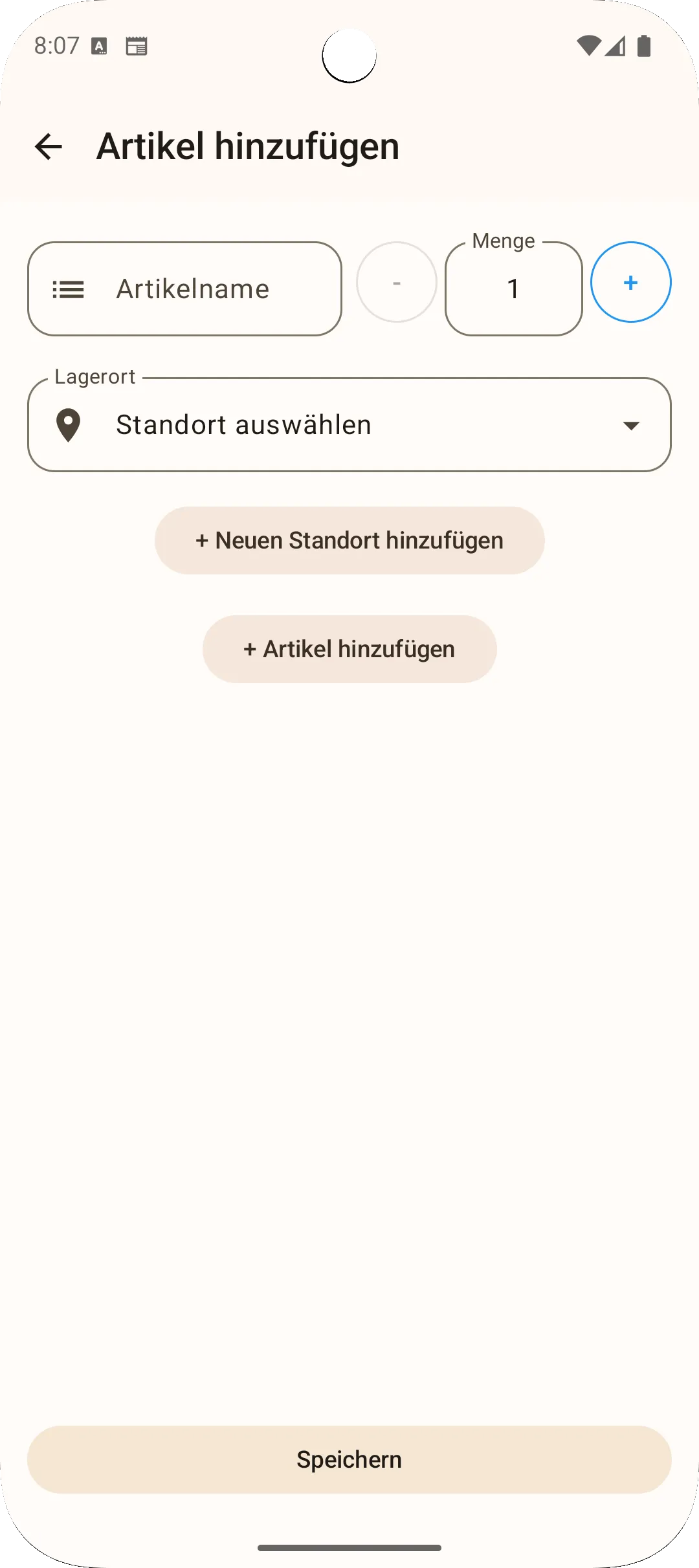 Sago-App Gegenstand hinzufügen - Name und Menge eingeben