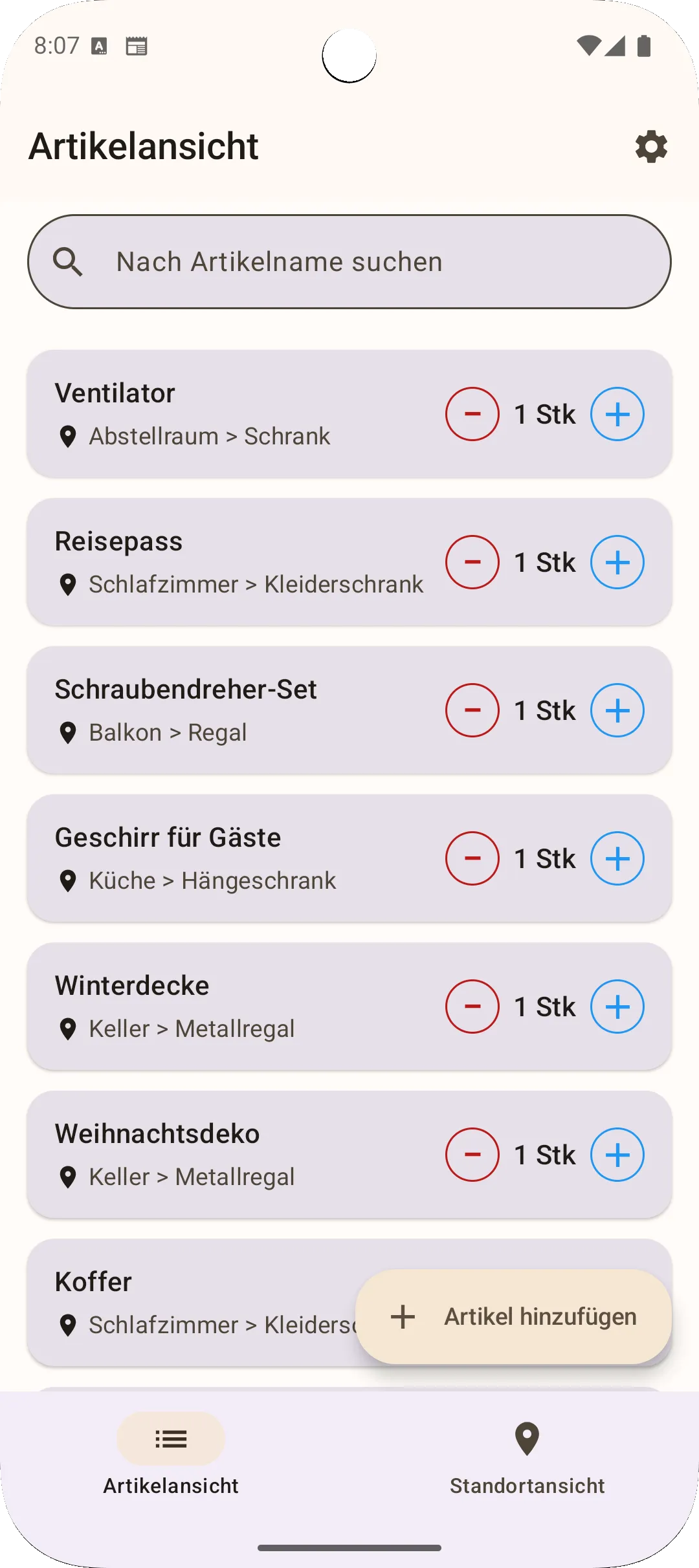 Sago-App Gegenstandsliste - alle Gegenstände auf einen Blick