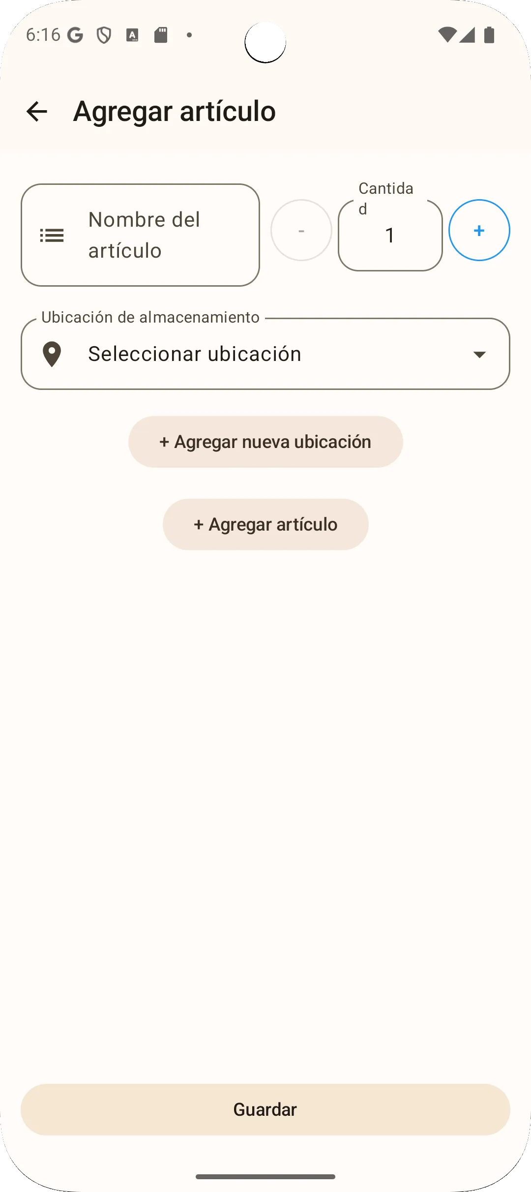 Pantalla de agregar objeto de la app Sago - ingresa nombre y cantidad