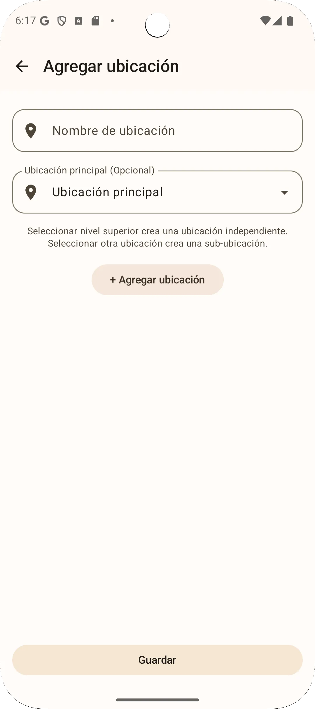 Pantalla de agregar ubicación de la app Sago - registra nueva ubicación