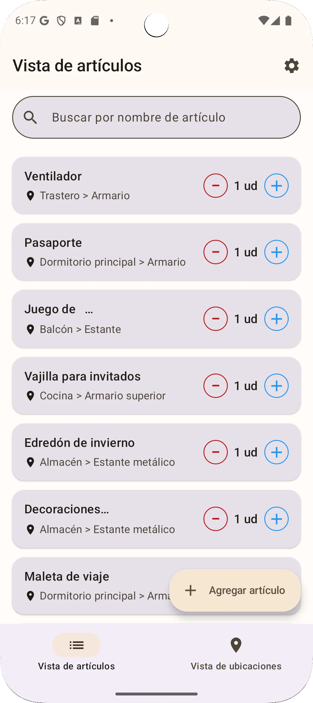 Vista de lista de objetos de la app Sago - todos los objetos de un vistazo