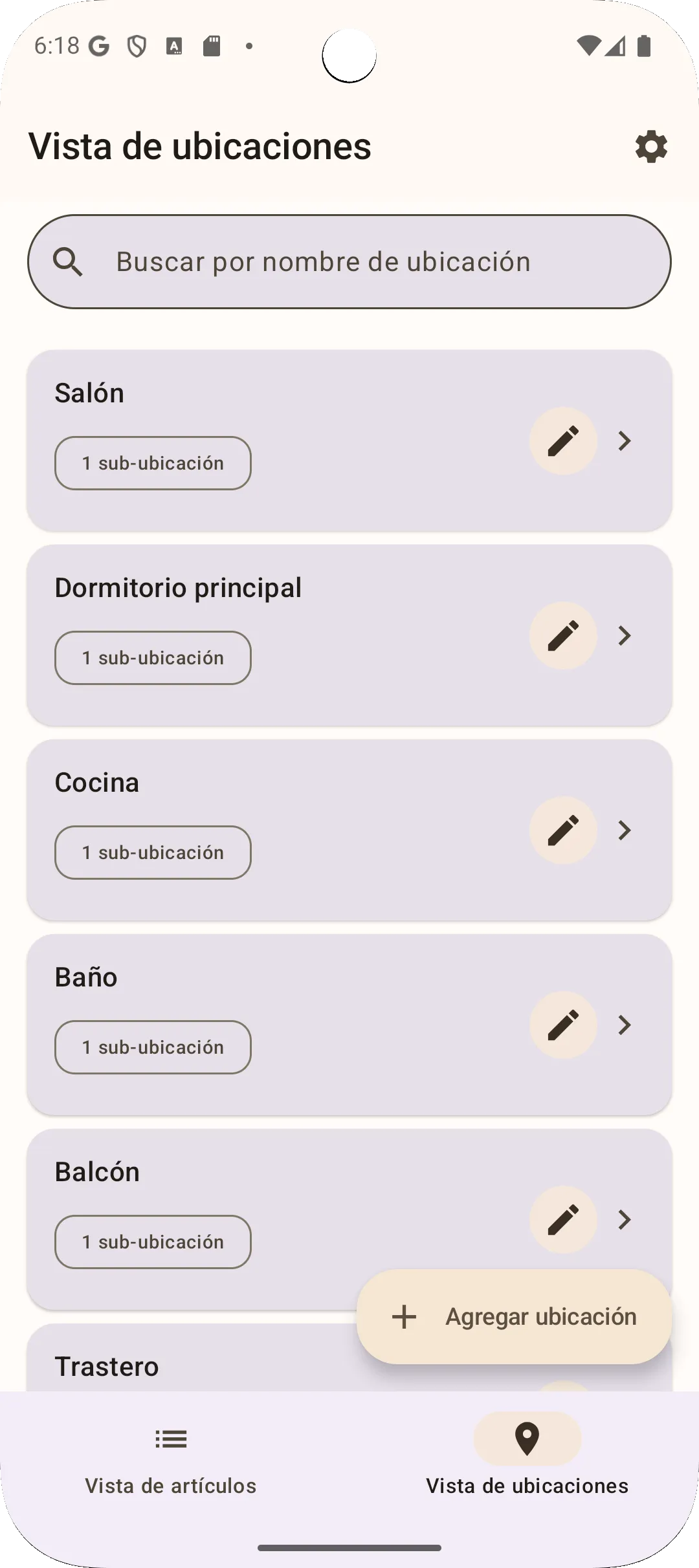 Vista de ubicaciones de la app Sago - gestión jerárquica de ubicaciones