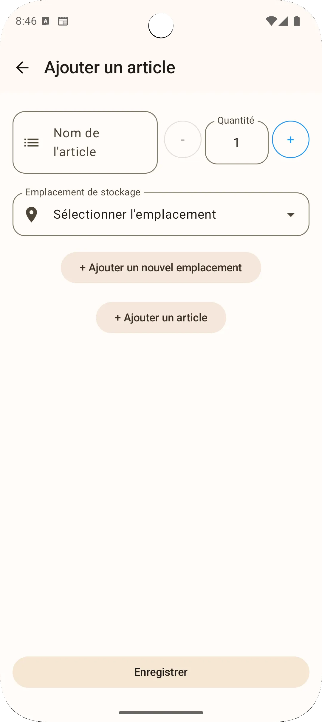 Écran d'ajout d'objet de l'app Sago - entrer le nom et la quantité de l'objet