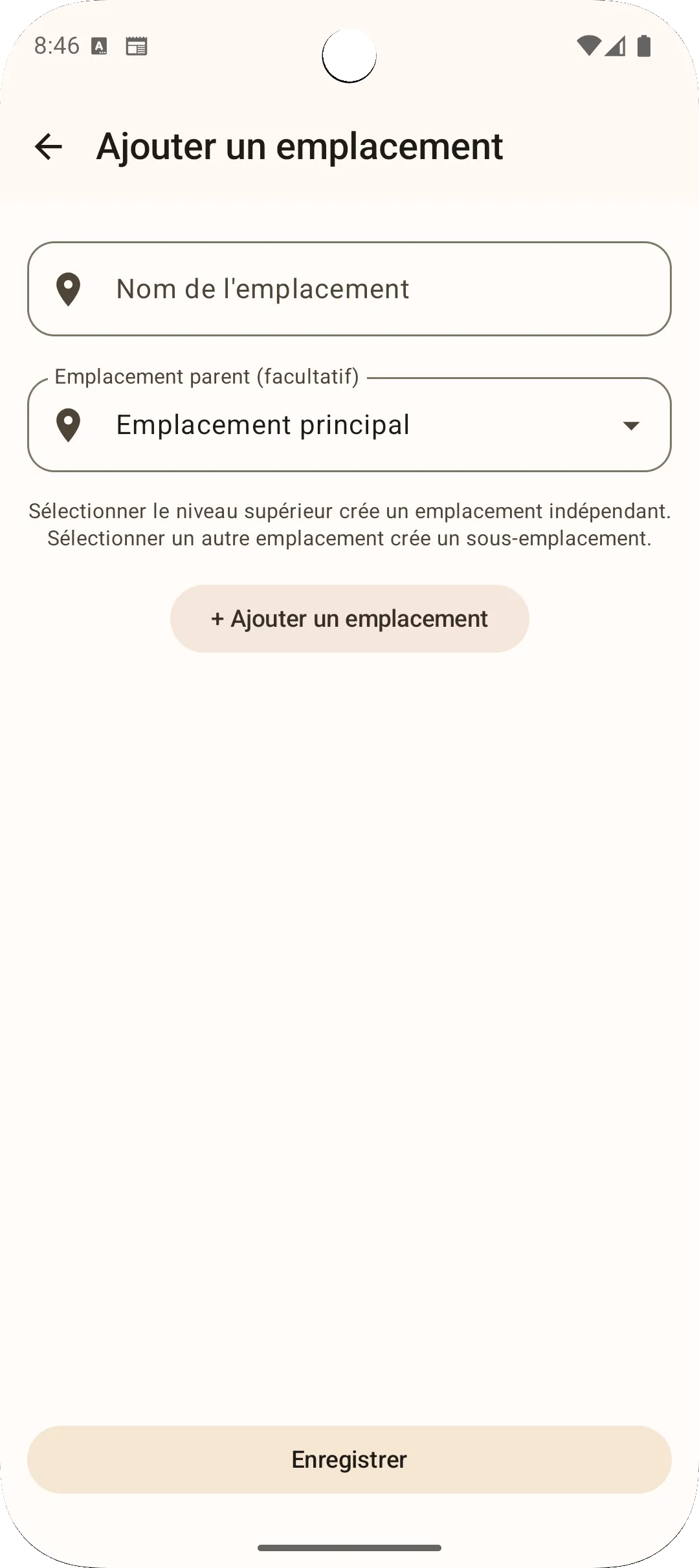 Écran d'ajout d'emplacement de l'app Sago - enregistrer un nouvel emplacement