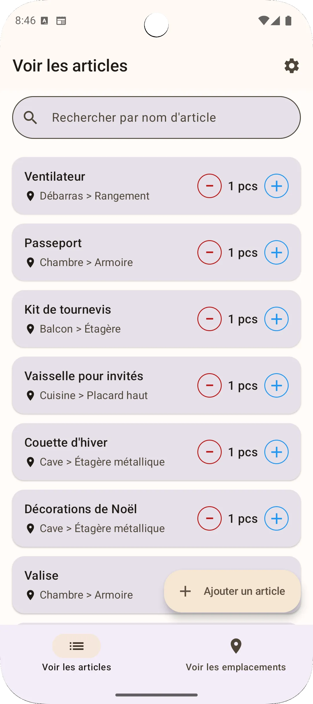 Vue de la liste des objets de l'app Sago - tous les objets en un coup d'œil