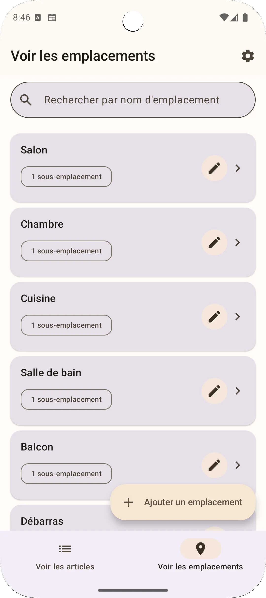 Vue des emplacements de l'app Sago - gestion hiérarchique des emplacements