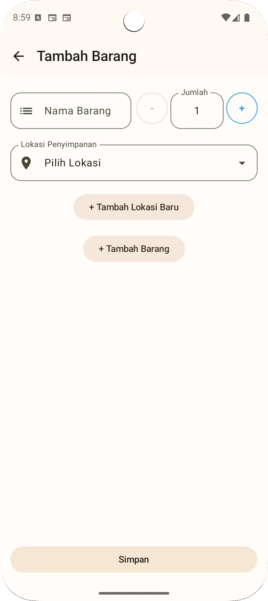 Layar tambah barang aplikasi Sago - masukkan nama dan jumlah barang