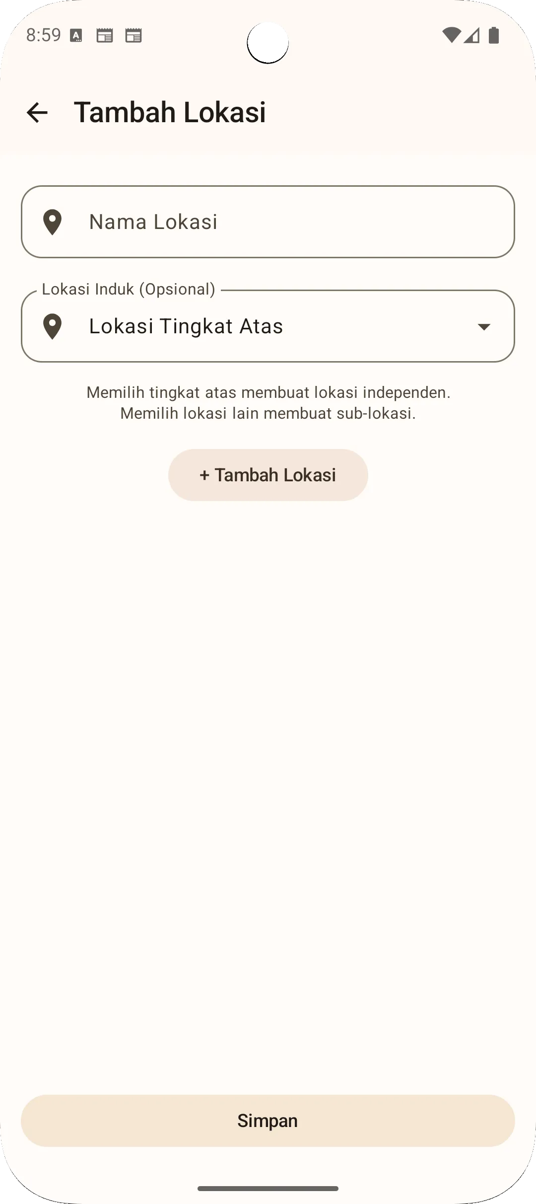 Layar tambah lokasi aplikasi Sago - daftarkan lokasi baru