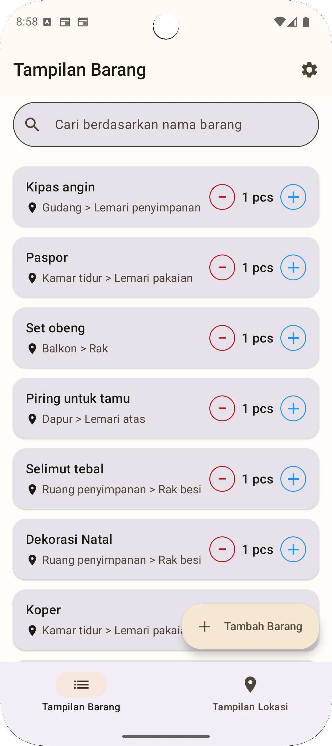 Tampilan daftar barang aplikasi Sago - semua barang dalam satu tampilan