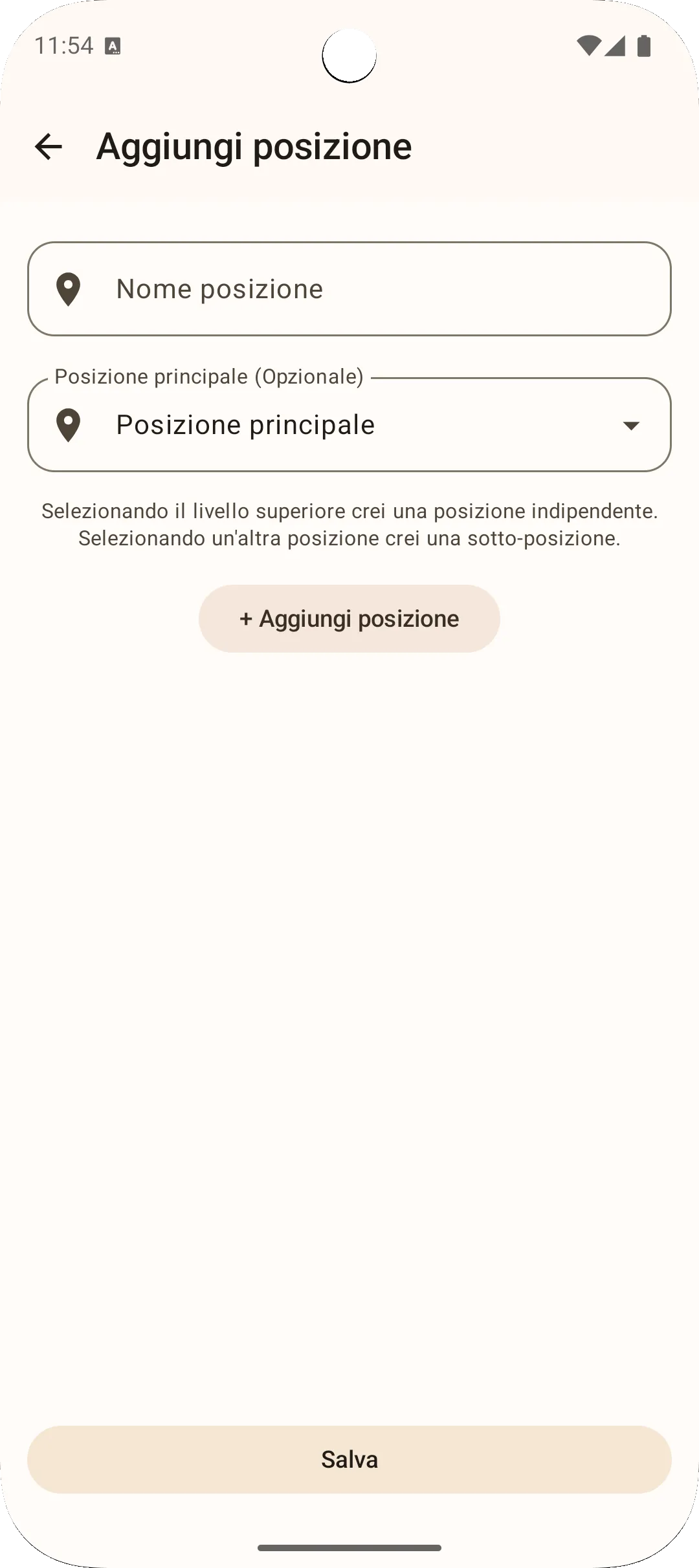 Schermata aggiungi posizione app Sago — registra nuova posizione