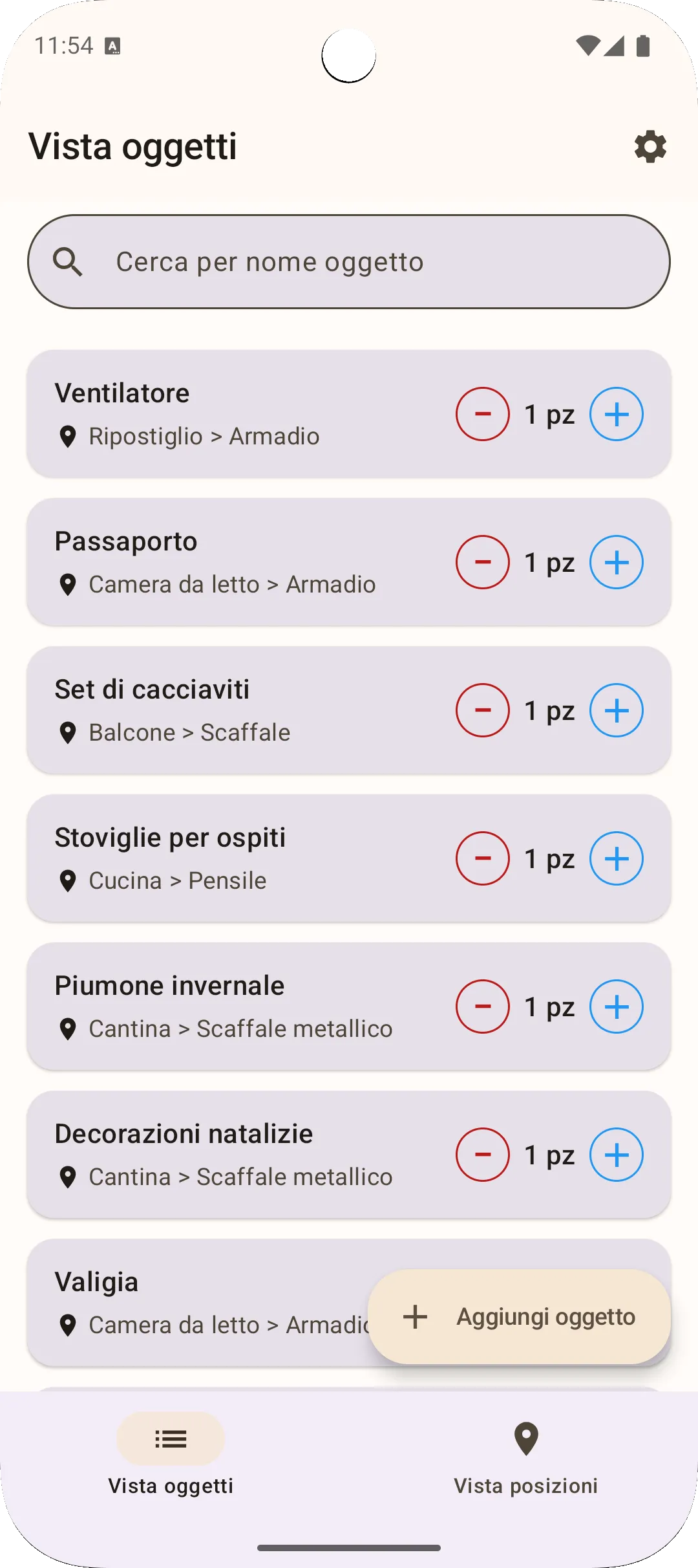 Schermata elenco oggetti app Sago — tutti gli oggetti in un elenco