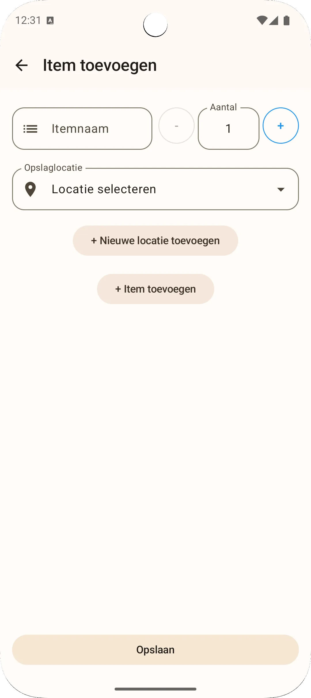 Sago app item toevoegen scherm — voer naam en hoeveelheid in