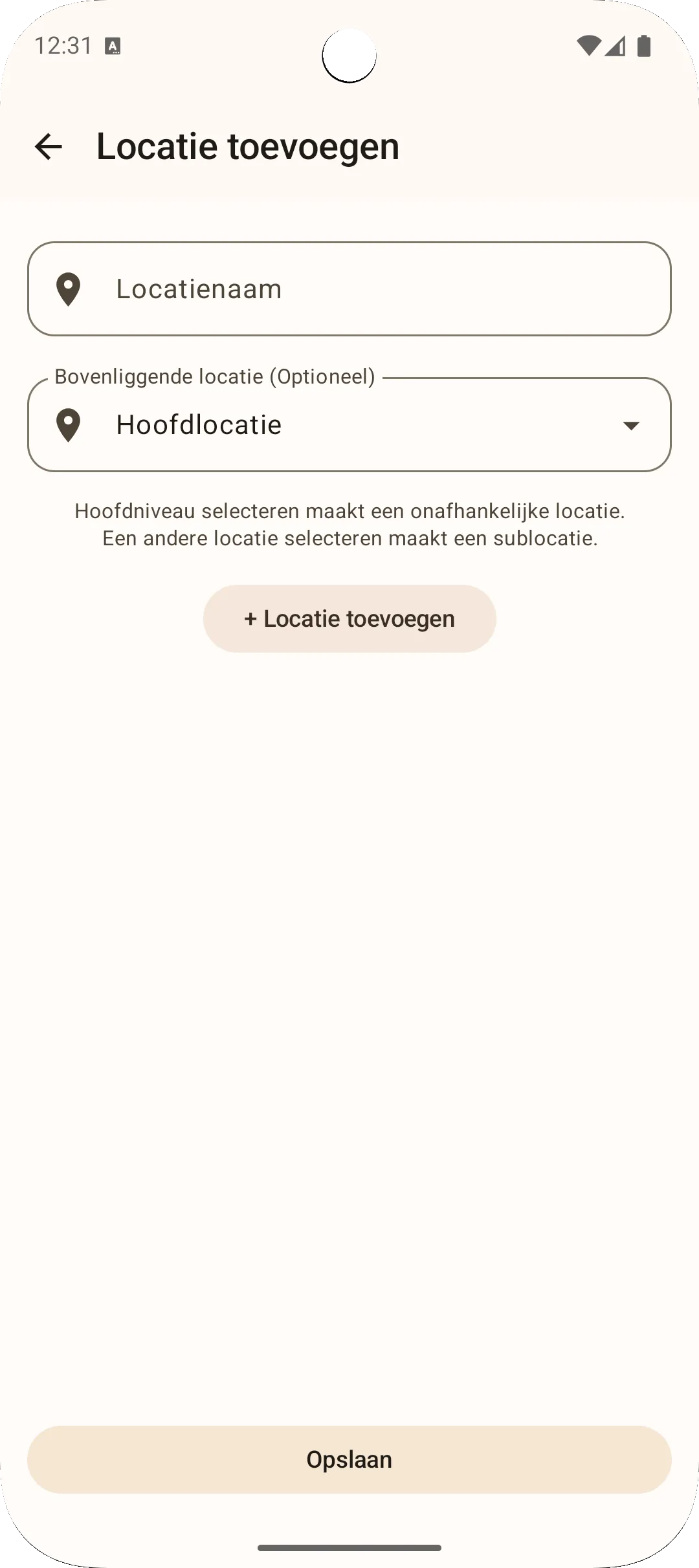 Sago app locatie toevoegen scherm — registreer een nieuwe locatie