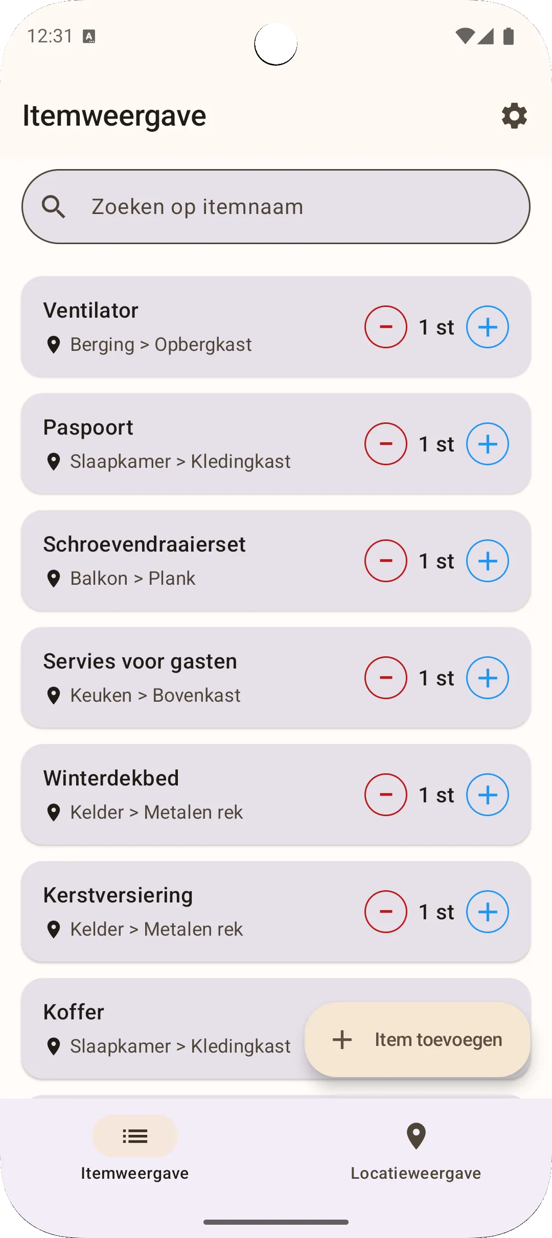 Sago app itemscherm — alle items op één plek