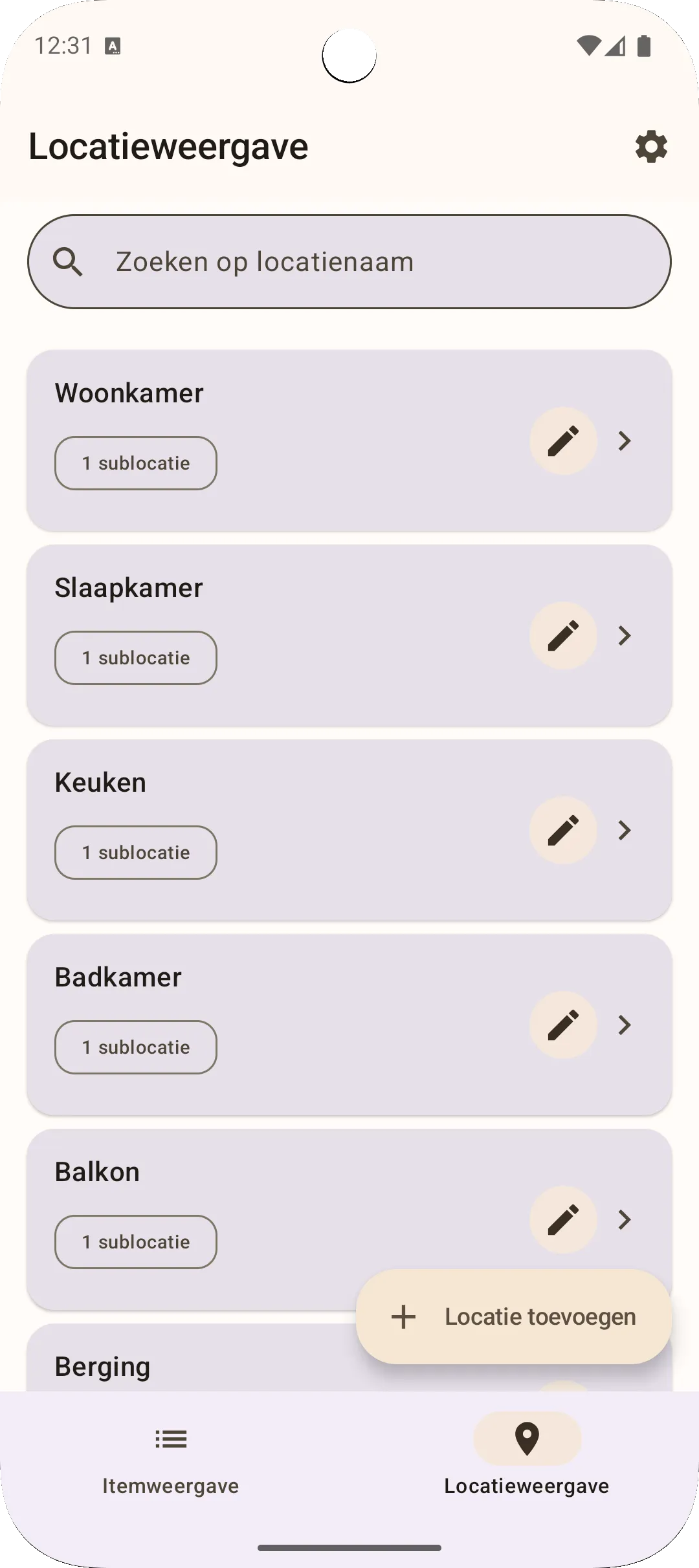 Sago app locatiescherm — hiërarchisch locatiebeheer