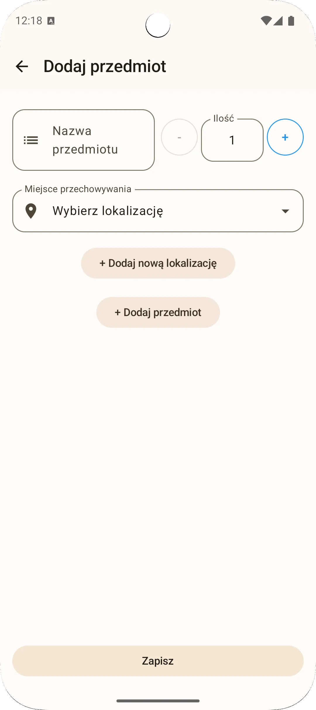 Ekran dodawania przedmiotu aplikacji Sago — wprowadź nazwę i ilość