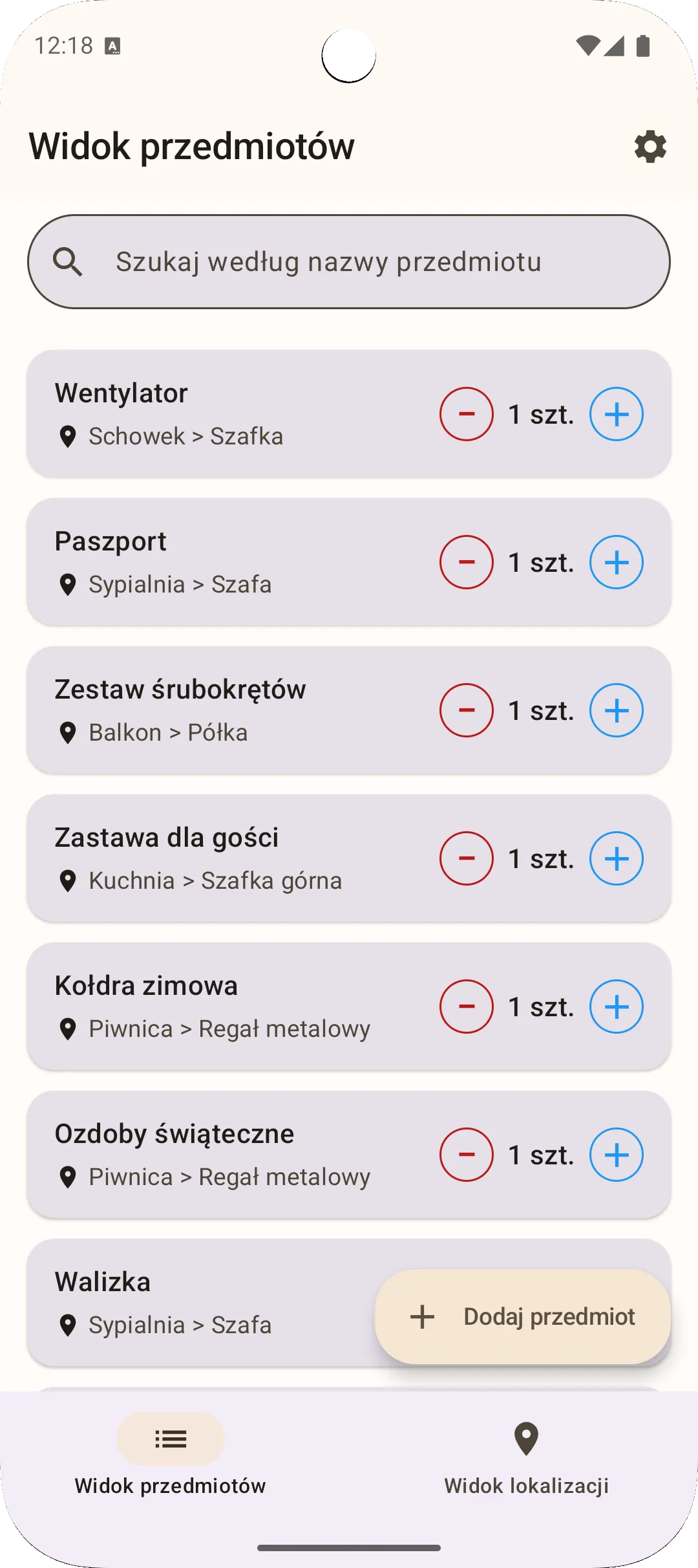 Ekran przedmiotów aplikacji Sago — wszystkie przedmioty w jednym miejscu