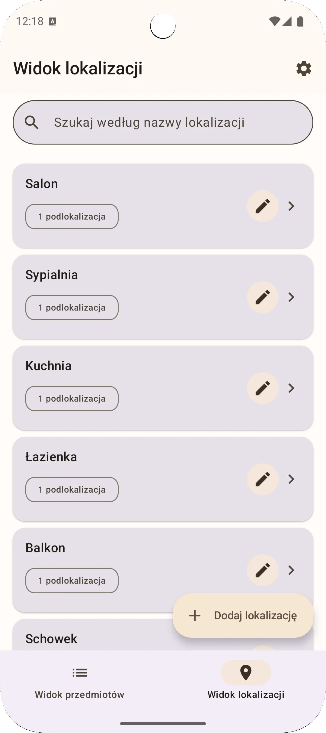 Ekran lokalizacji aplikacji Sago — hierarchiczne zarządzanie lokalizacjami