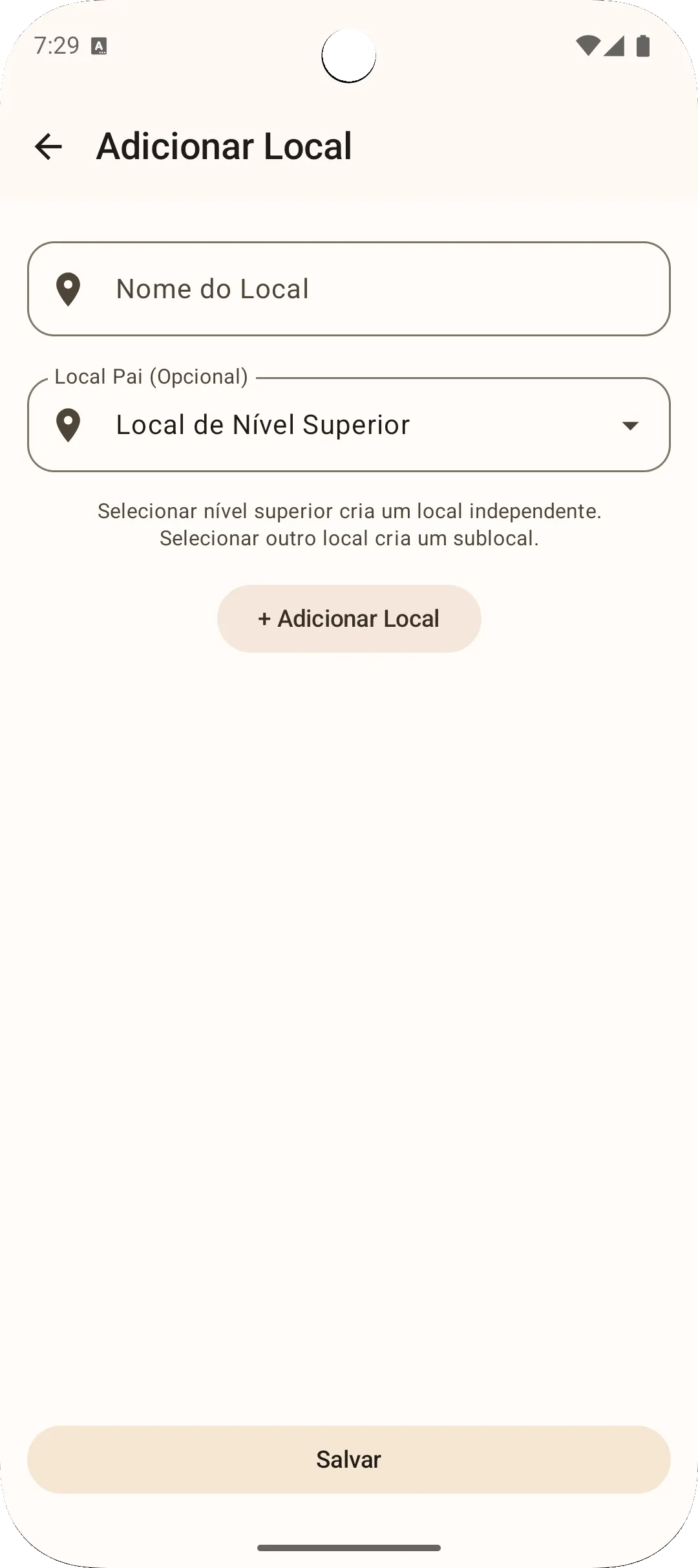 Tela de adicionar local do app Sago - cadastre novo local