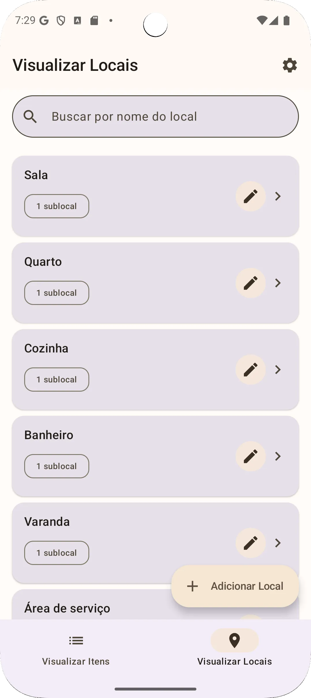 Visualização de locais do app Sago - gerenciamento hierárquico de locais
