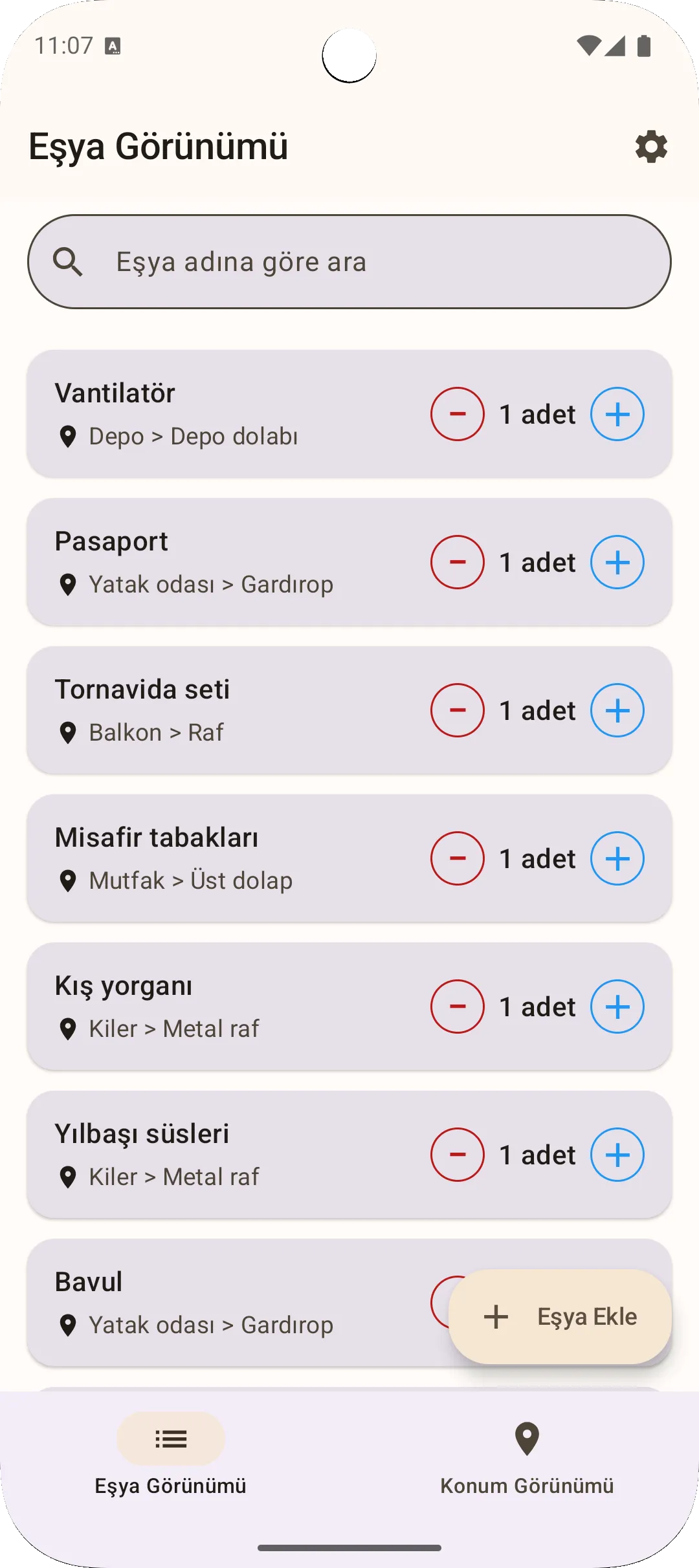Sago uygulama eşya listesi ekranı — tüm eşyalar tek listede