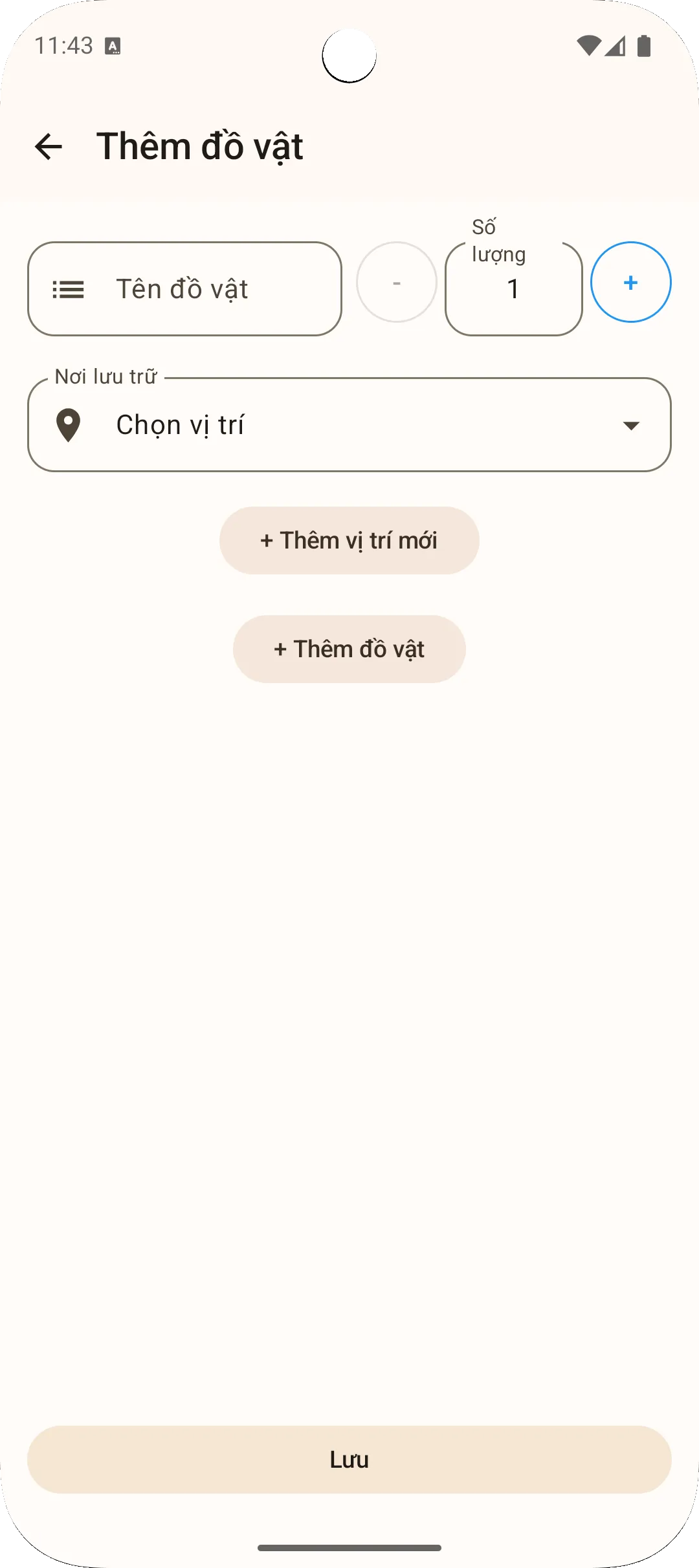 Màn hình thêm đồ vật ứng dụng Sago — nhập tên và số lượng