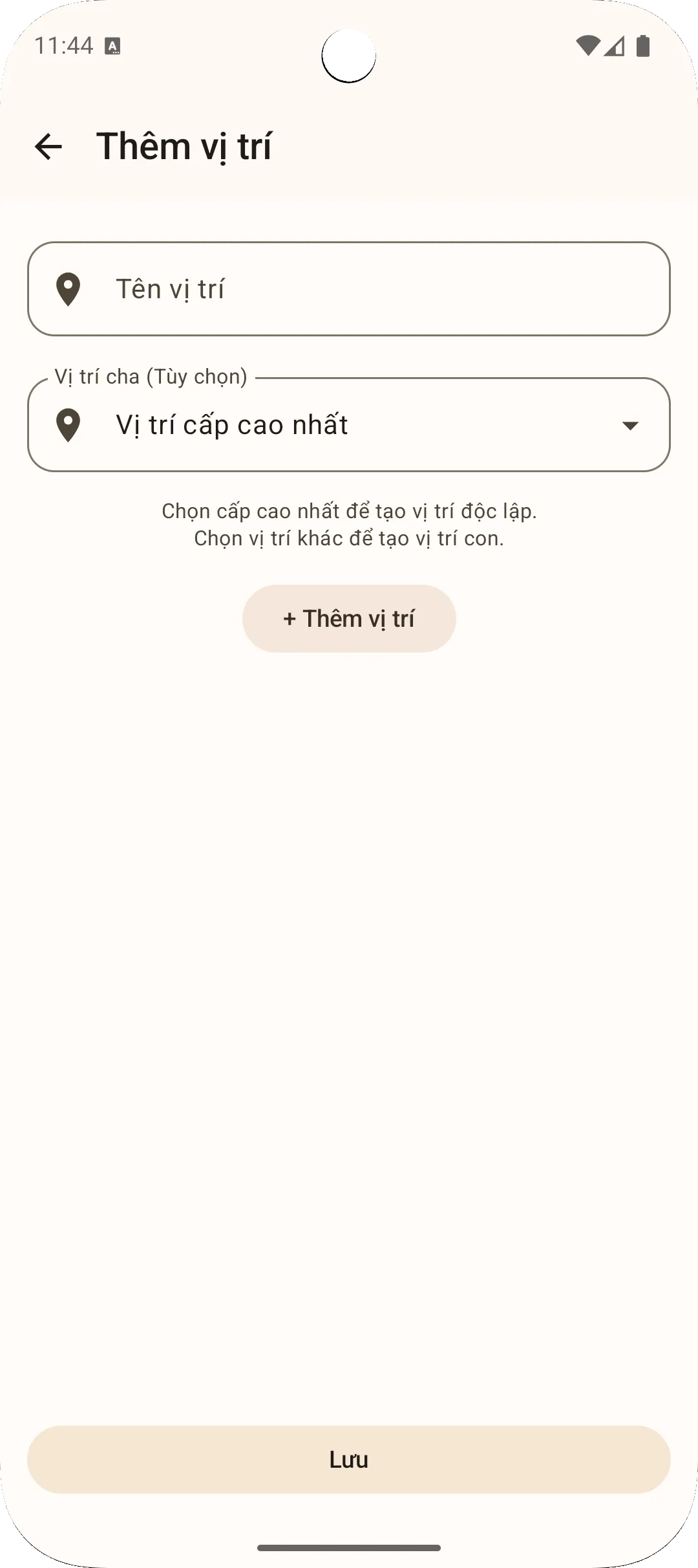 Màn hình thêm vị trí ứng dụng Sago — đăng ký vị trí mới