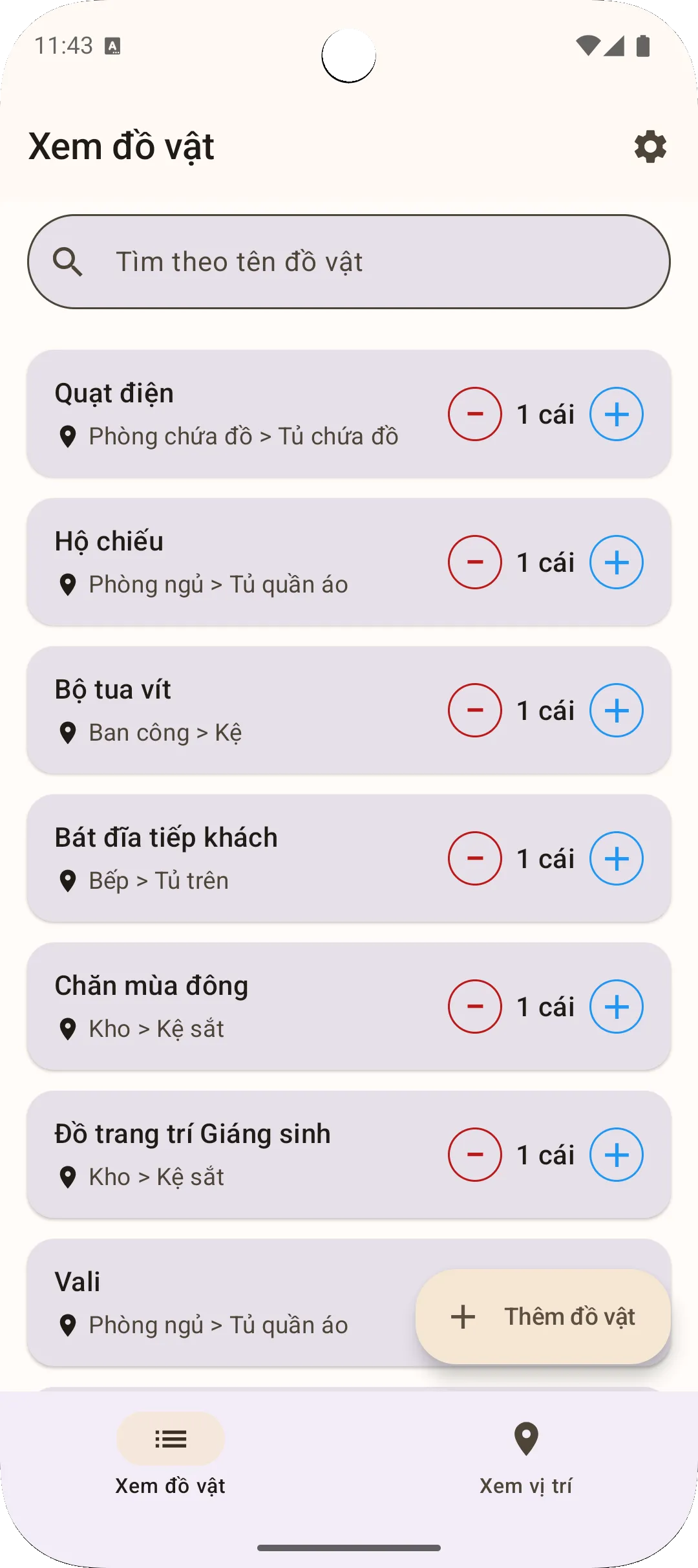 Màn hình danh sách đồ vật ứng dụng Sago — tất cả đồ vật trong một danh sách