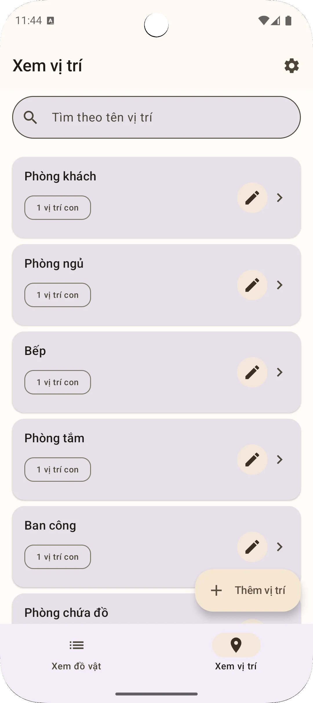 Màn hình vị trí ứng dụng Sago — quản lý vị trí phân cấp